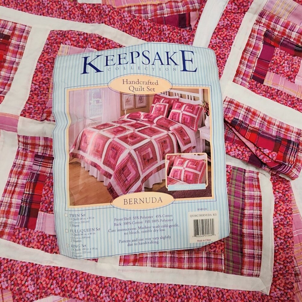 Quilt King Size 100 X 90 Keepsake Collection Two Shams Pink Squares Plaid Floral - Picture 3 of 10